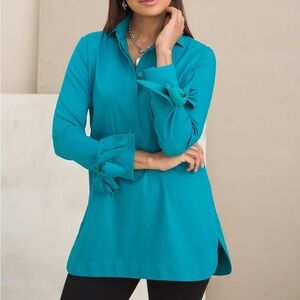 Chico’s Teal No-Iron Bow-Cuff Tunic EUC Size 2 / US 12